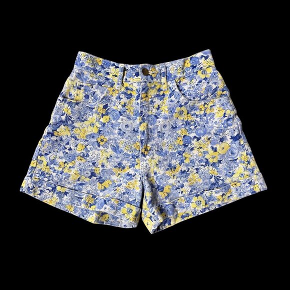 Vintage Shorts Paris Blues Y2K Floral High Waisted Denim Size 5 Blue Yellow - Picture 2 of 7